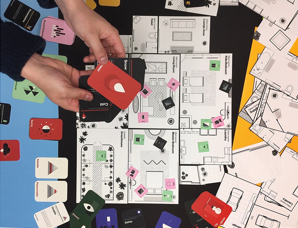 Workshop board with the Service Sandbox cards arranged across room layouts